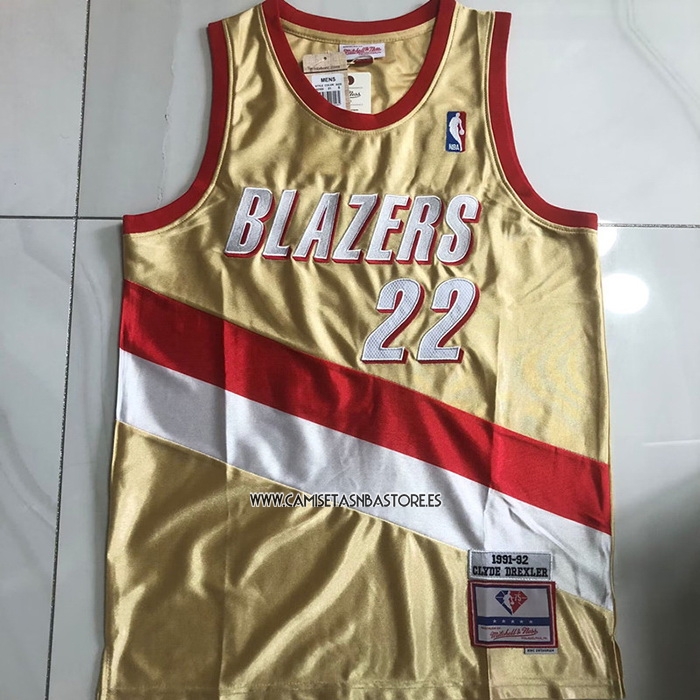 Clyde Drexler NO 22 Camiseta Portland Trail Blazers Mitchell & Ness 1991-92 Oro